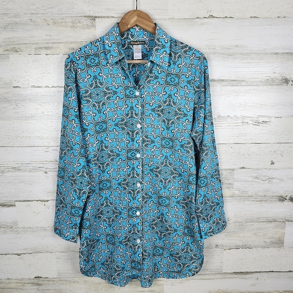 Tommy Bahama Turquoise Cotton Button Up Shirt Blue Boho Coastal Resortwear M - Picture 3 of 16